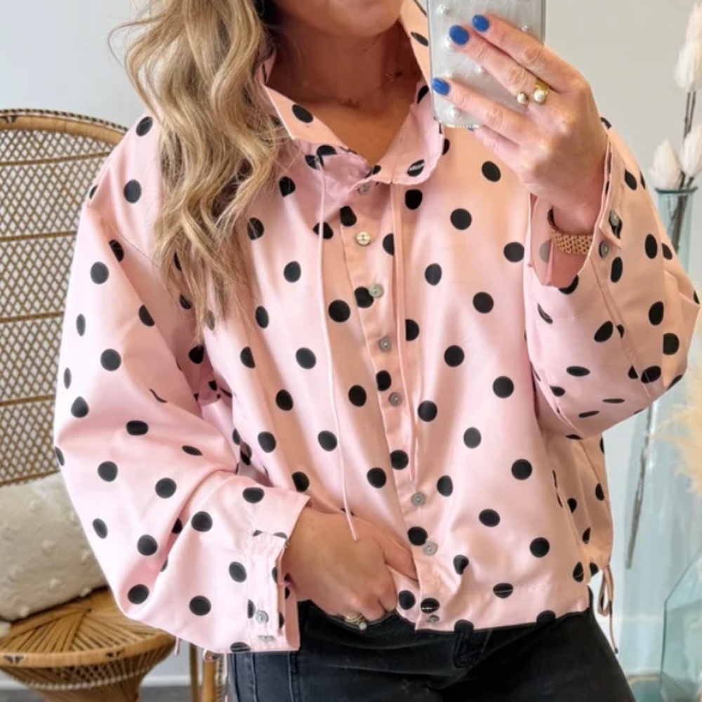 Pink Polka Dot Button-Up Blouse